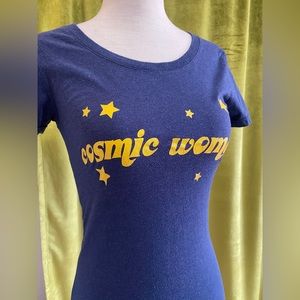 COSMIC WOMAN ✨💫⚡️ Tee in Heather Blue, Yellow Decal, Stretchy, XS/S